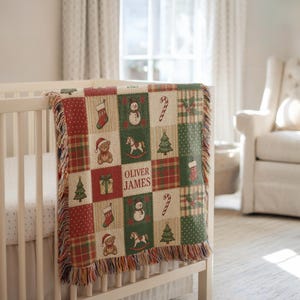 Personalized Baby's First Christmas Woven Blanket – Patchwork Holiday Throw