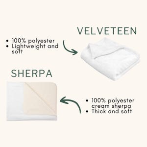 May include: A comparison of two blankets. The top blanket is white velveteen, labeled 100% polyester, lightweight and soft. The bottom blanket is a white and cream sherpa, labeled 100% polyester, thick and soft. Both feature dark green text and arrows.