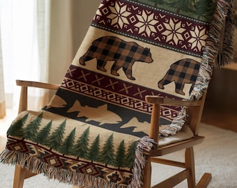Cabin Bear Woven Blanket – Rustic Lodge Throw, Buffalo Plaid & Forest Tapestry