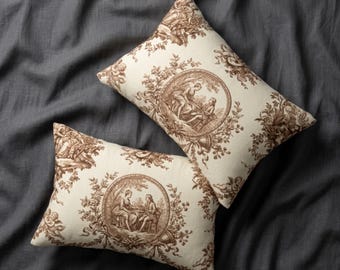 Almohada a juego con manta: almohada lumbar o cojín cuadrado, almohada decorativa de doble cara, decoración de ropa de cama vintage con estampado de toile.