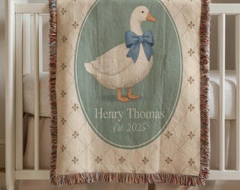 Manta tejida de ganso personalizada, decoración vintage para habitación de bebé, manta personalizada con nombre de bebé, regalo clásico de reliquia para niños