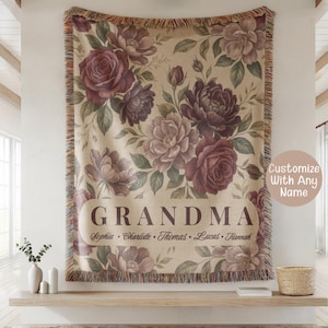 Manta tejida floral personalizada para la abuela con nombres, manta de regalo personalizada para los nietos, manta de rosas vintage, idea de regalo para el Día de la Madre.
