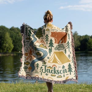 “camping blanket for kids with name, personalized outdoor adventure blanket