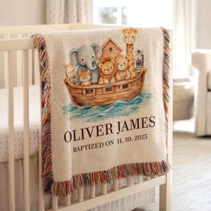 Personalized Baptism Blanket – Custom Baby Name Noahs Ark Blanket, Christening Gift for Boy, Religious Baby Shower Gift