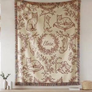 Manta tejida vintage personalizada con diseño de gato, decoración infantil con diseño de gatito, manta de bebé con nombre personalizado, regalo infantil con diseño floral de cabaña.