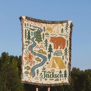 custom camping throw for boys, forest theme kids bedroom decor blanket”