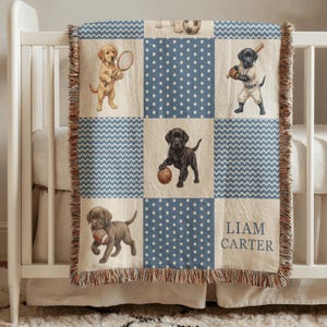 Personalized Puppy Sports Woven Blanket, Custom Name Dog Baby Throw, Baseball Football Nursery Gift for Baby Boy, Sports Room Decor
