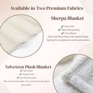 May include: A comparison of two blankets: a Sherpa blanket with an ultra-soft fleece front and plush sherpa backing, and a velveteen plush blanket with a smooth finish. Text includes Available in Two Premium Fabrics, Sherpa Blanket, and Velveteen Plush Blanket.