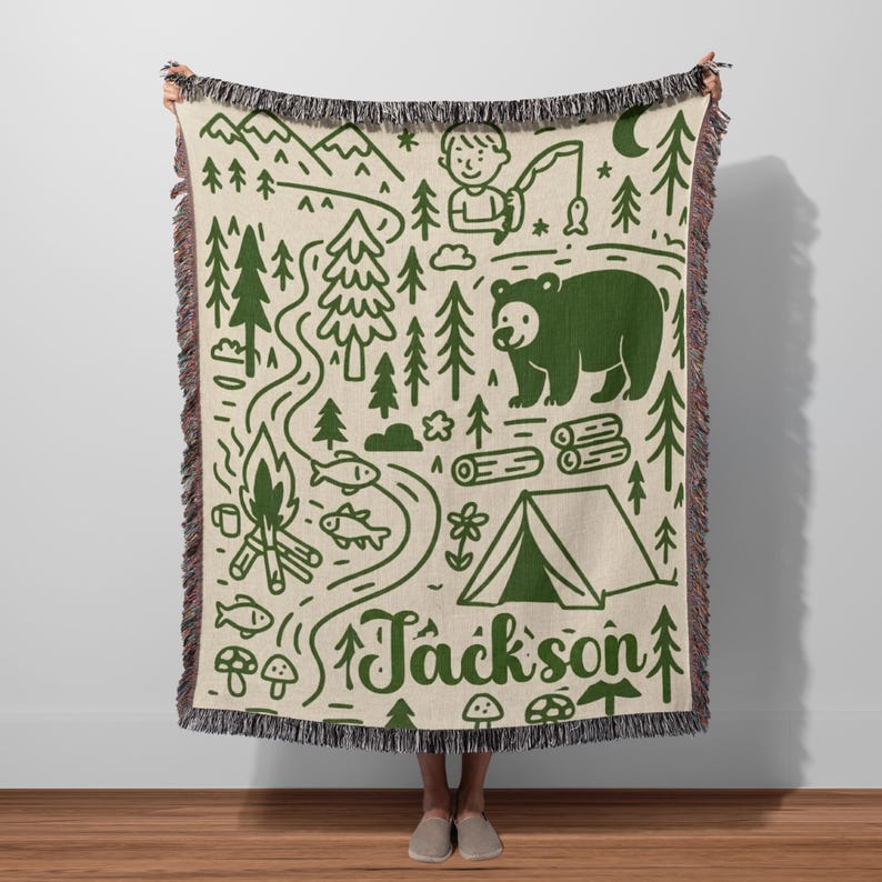 Personalized camping adventure woven blanket with mountains, bear, campfire and forest illustration, woodland nursery decor with custom name Jackson.