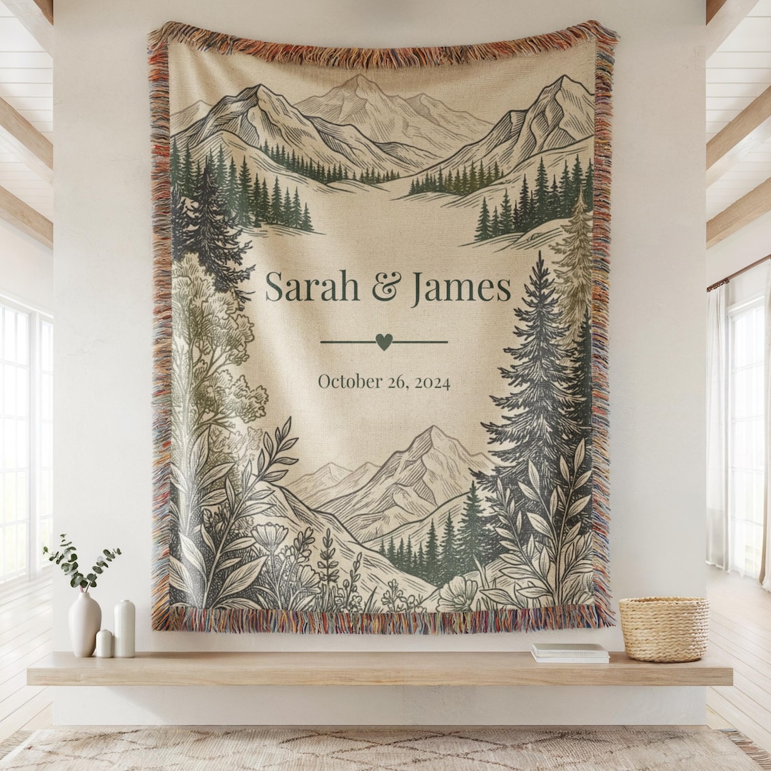 Personalized Mountain Woven Blanket, Custom Couple Name Throw, Rustic Wedding Gift, Anniversary Keepsake Blanket Decor - 52'' × 37''