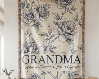 Personalized Grandma Woven Blanket – Floral Line Art, Grandkids Names Throw, Custom Nana Blanket, Mother's Day Gift