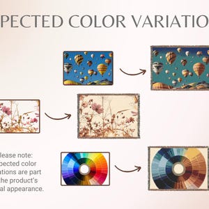 Puede incluir: Imagen que muestra las variaciones de color esperadas de los productos. El texto "EXPECTED COLOR VARIATIONS" est&aacute; en la parte superior. La imagen incluye ejemplos de mantas con dise&ntilde;os de globos aerost&aacute;ticos y florales, y paletas de colores. El texto inferior explica las variaciones de color.