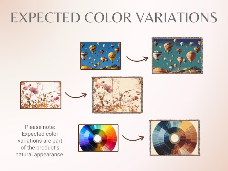 Puede incluir: Imagen que muestra las variaciones de color esperadas de los productos. El texto "EXPECTED COLOR VARIATIONS" est&aacute; en la parte superior. La imagen incluye ejemplos de mantas con dise&ntilde;os de globos aerost&aacute;ticos y florales, y paletas de colores. El texto inferior explica las variaciones de color.
