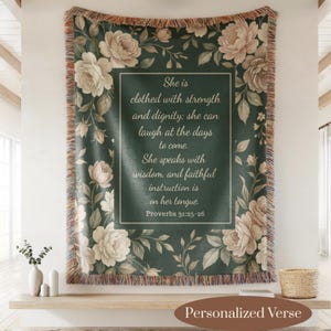 Personalized Christian woven blanket with Proverbs 31 verse and vintage floral border on green background, elegant faith decor gift.