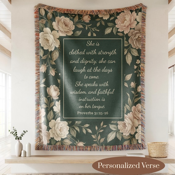 Personalized Christian Floral Woven Blanket, Custom Bible Verse Throw, Proverbs 31 Gift for Women, Faith Keepsake Blanket Gift