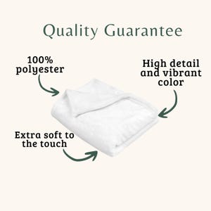 May include: A folded white blanket with text that reads Quality Guarantee, 100% polyester, High detail and vibrant color, and Extra soft to the touch. The blanket is made of 100% polyester and features a soft texture with high detail.