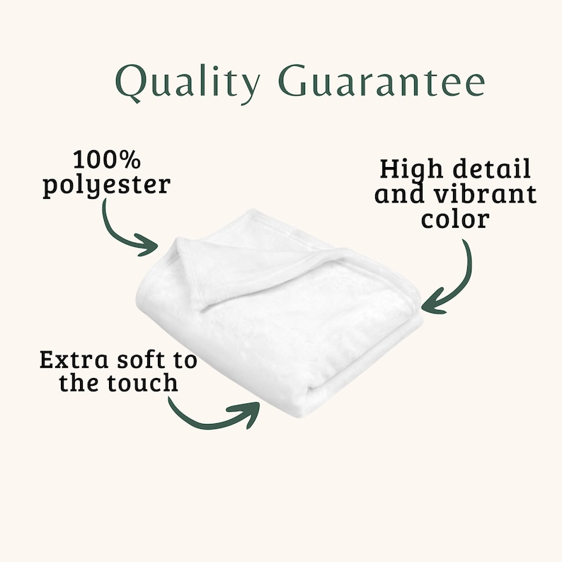 May include: A folded white blanket with text that reads Quality Guarantee, 100% polyester, High detail and vibrant color, and Extra soft to the touch. The blanket is made of 100% polyester and features a soft texture with high detail.