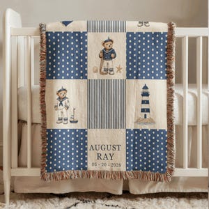 Personalized Nautical Keepsake Blanket, Sailor Teddy Baby Throw, Ocean Inspired Nursery Gift For Boys Room Decor