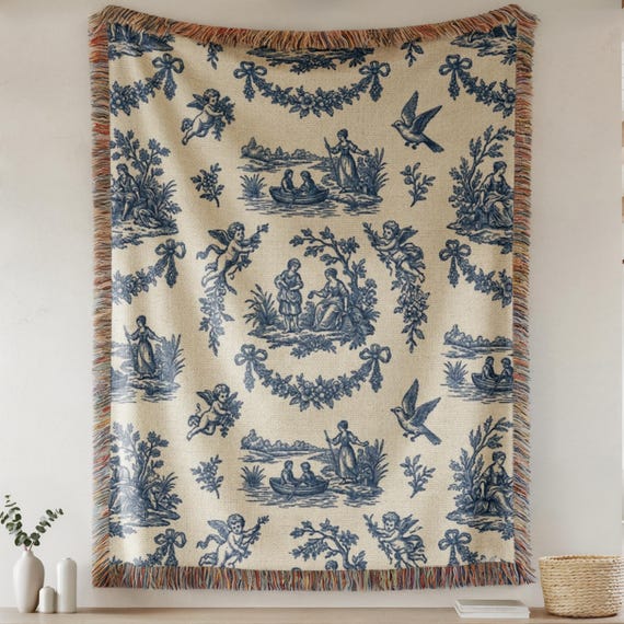 Blue Toile Woven Blanket, French Country Cottagecore Throw, Vintage Cherub Farmhouse Home Decor Heirloom Gift