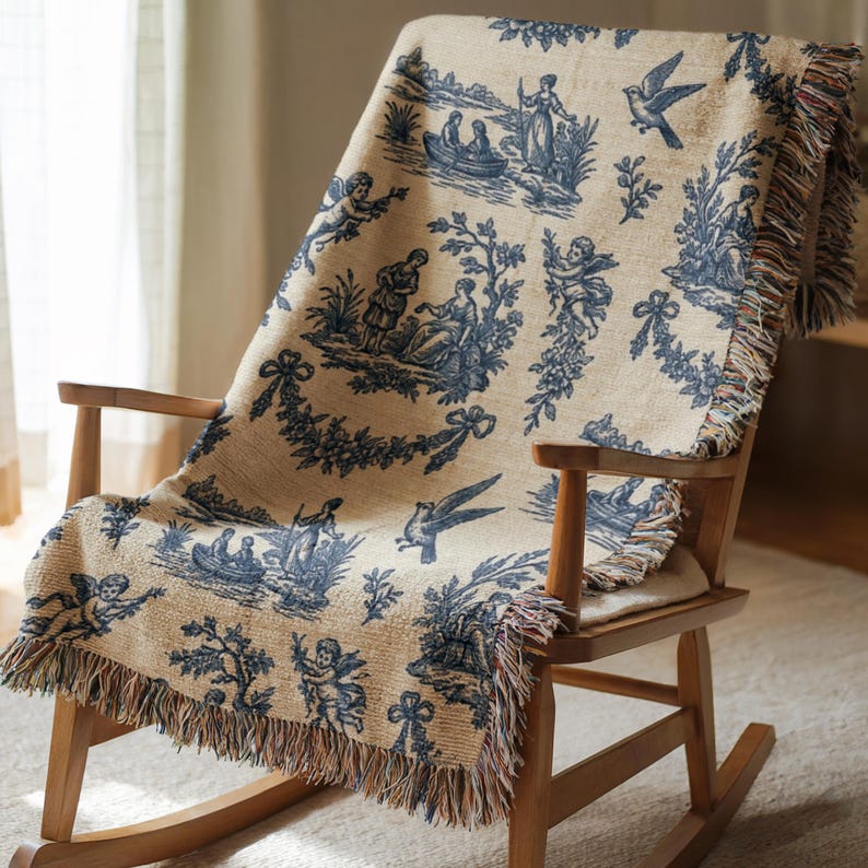blue toile blanket, french country throw, vintage farmhouse blanket, cottagecore home decor throw, heirloom wedding gift, classic woven blanket, neutral european decor, toile tapestry blanket