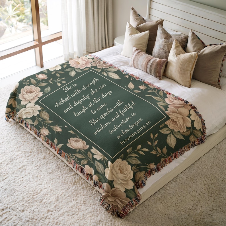 Bible verse blanket with floral design and customizable scripture text, woven throw perfect for prayer time and spiritual home decor.