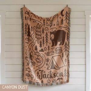 Custom camping kids blanket with forest animals and nature illustration, ideal woodland nursery wall decor and adventure themed baby gift.