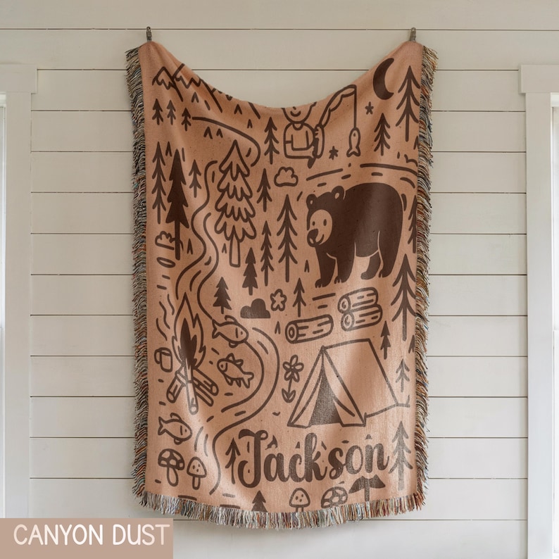 Custom camping kids blanket with forest animals and nature illustration, ideal woodland nursery wall decor and adventure themed baby gift.