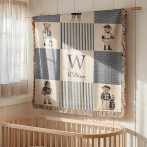 May include: A woven throw blanket featuring a patchwork design with blue and white polka dots and stripes. The blanket displays four teddy bears dressed in sports attire and a central panel with the letter W and the name William in blue text.