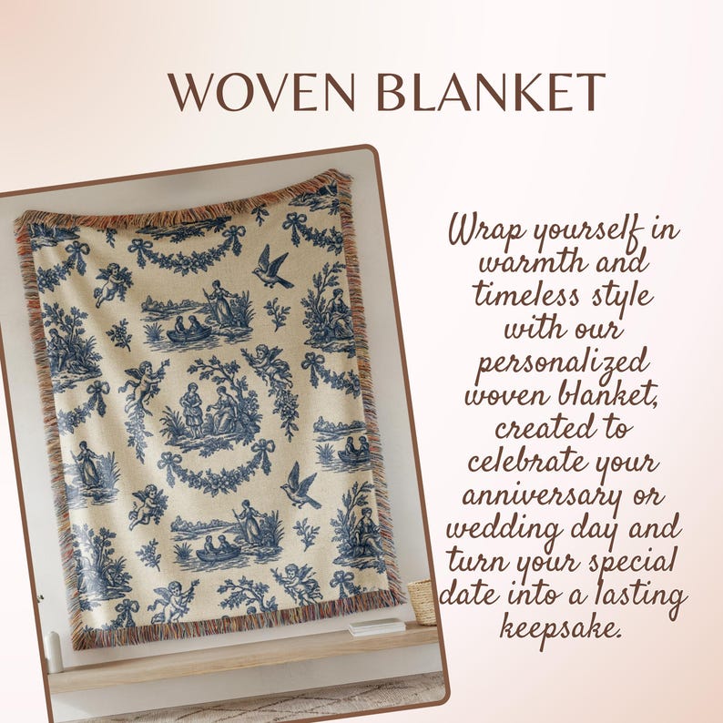 Classic French country woven blanket with cherubs and pastoral design, elegant heirloom style living room decor.