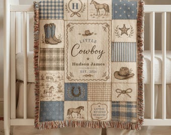 Manta tejida personalizada de vaquero, manta de bebé estilo western con nombre personalizado, regalo rústico para la habitación del bebé niño.