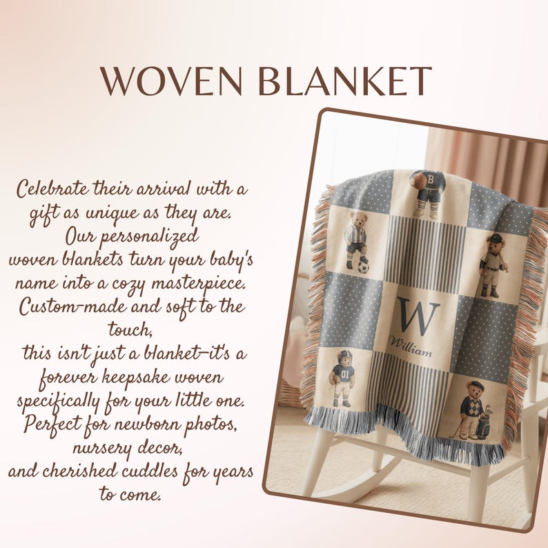 May include: A woven blanket featuring a checkered pattern with alternating blue polka dot and striped squares. The blanket displays illustrations of teddy bears in various sports outfits and a central square with the letter W and the name William.