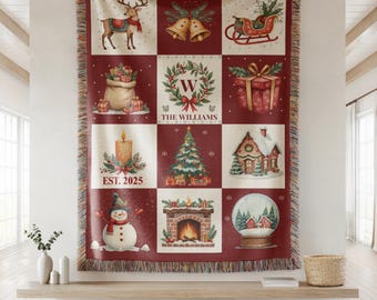 May include: A Christmas-themed throw blanket with a patchwork design. Each square features festive illustrations like a reindeer, bells, a sleigh, gifts, a wreath, a candle, a Christmas tree, a house, a snowman, a fireplace, and a snow globe. The text "EST. 2025" and "THE WILLIAMS" are also visible.
