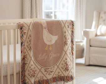 Personalized Goose Baby Blanket with Name, Vintage Farm Nursery Decor, Custom Name Baby Blanket, Baby Shower Gift