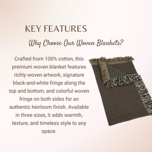 May include: A dark brown woven blanket with black and white fringe along the top and bottom edges, and multicolored fringe along the sides. The text reads: KEY FEATURES Why Choose Our Woven Blankets? Crafted from 100% cotton, this premium woven blanket.