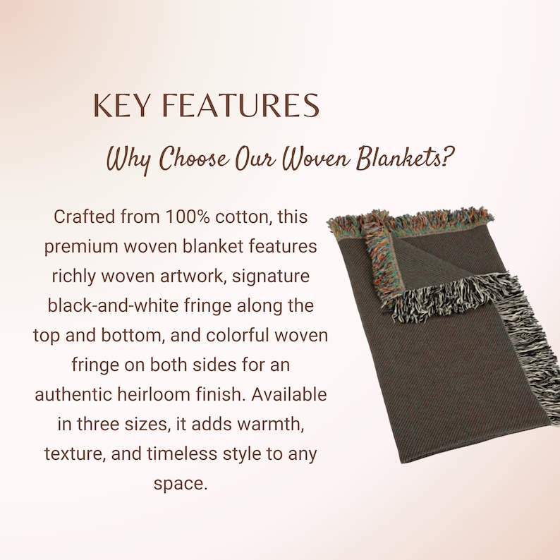 May include: A dark brown woven blanket with black and white fringe along the top and bottom edges, and multicolored fringe along the sides. The text reads: KEY FEATURES Why Choose Our Woven Blankets? Crafted from 100% cotton, this premium woven blanket.