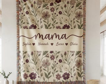 Personalized Mama Floral Woven Blanket, Embroidered Style Grandma Gift, Custom Nana Mimi Gigi Blanket with Kids Names