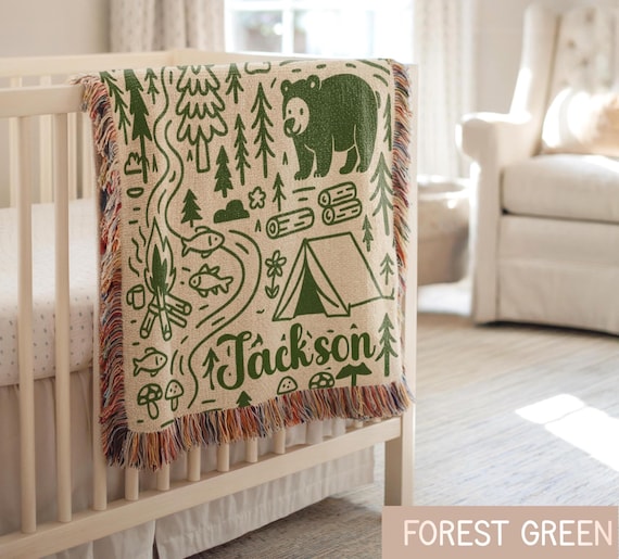 Personalized Camping Adventure Woven Blanket, Custom Name Kids Camping Blanket, Woodland Camping Nursery Gift
