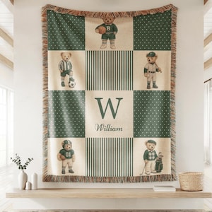 Personalized green sports teddy woven blanket featuring vintage athletic bears, custom name design, and timeless nursery charm.