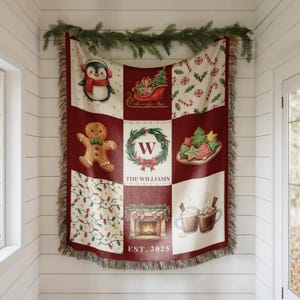 May include: A festive Christmas throw blanket with a patchwork design. The blanket showcases illustrations of a penguin, gingerbread man, cookies, and a fireplace. The central panel displays a wreath with the family name and "EST. 2025".