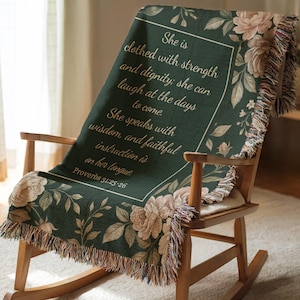 Custom Christian blanket with elegant flowers and Proverbs quote, cozy woven throw ideal for women of faith and meaningful gift.
