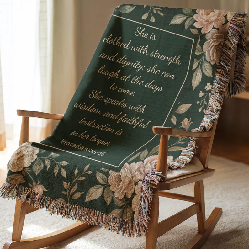 Custom Christian blanket with elegant flowers and Proverbs quote, cozy woven throw ideal for women of faith and meaningful gift.