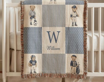 Manta tejida personalizada con diseño de peluche deportivo, manta personalizada para la habitación del bebé niño, manta vintage con nombre y patchwork, regalo para niños.