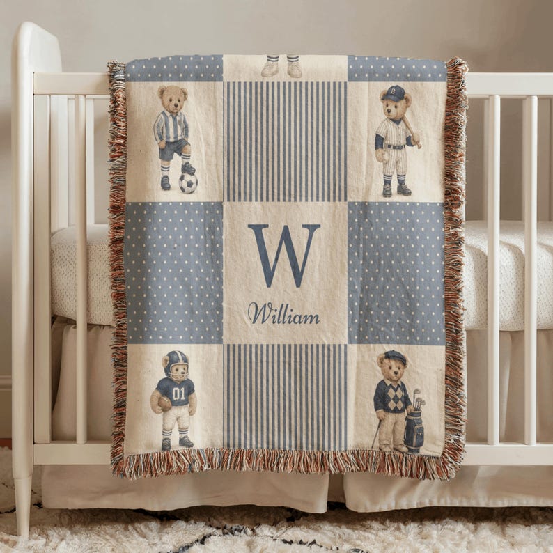 Personalized sports teddy bear woven blanket with vintage patchwork design featuring football, baseball, basketball, soccer, and golf bears.