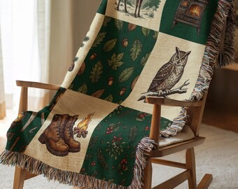 Rustic Cabin Woven Blanket – Deer, Owl Patchwork Throw