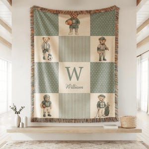 Personalized green sports teddy woven blanket featuring vintage athletic bears, custom name design, and timeless nursery charm.
