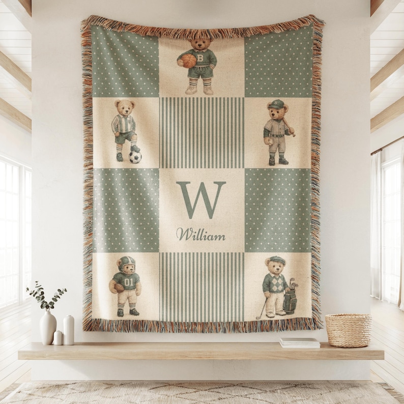 Personalized green sports teddy woven blanket featuring vintage athletic bears, custom name design, and timeless nursery charm.