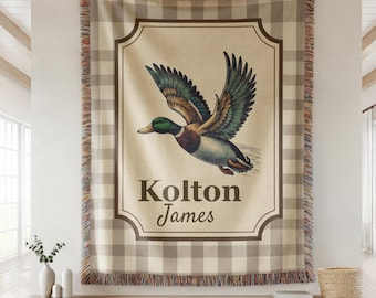 Manta de bebé personalizada con diseño de pato, decoración vintage para guardería de ánade real, manta de bebé de granja con nombre personalizado, regalo rústico para bebé niño