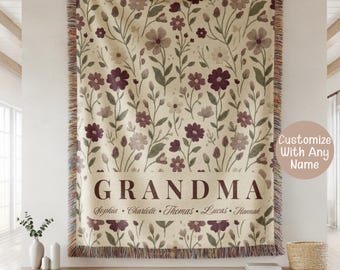 Personalized Grandma Floral Blanket With Names, Custom Grandkids Gift Throw, Vintage Flower Blanket, Mothers Day Gift For Grandma