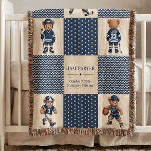 Personalized Baby Sports Blanket, Custom Boy Name & Birth Stats, Hockey Football Basketball Teddy Bear Newborn Baby Shower Gift