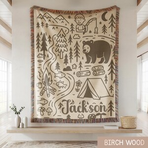 Custom camping kids blanket with forest animals and nature illustration, ideal woodland nursery wall decor and adventure themed baby gift.